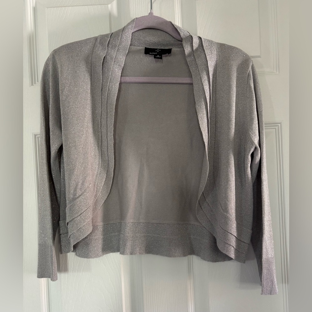 SILVER SPARKLY THIN SWEATER SHRUG FOR FORMAL WEAR,MEDIUM